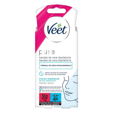 Bandas de cera faciales hipoalergénicas VEET PURE, caja 20 uds